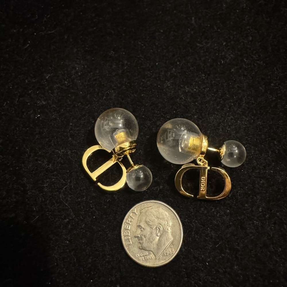 Dior Gold Tone Clear Double Ball Earrings - Picture 5 of 5